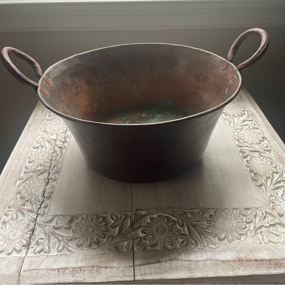 Antique hammered solid copper cooking pot.